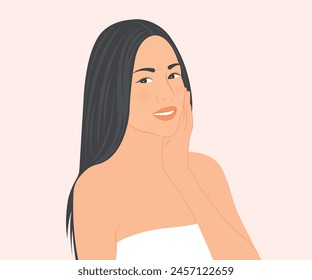 Beautiful young woman with long hair smiles happily with clear, pleasant skin. Vector illustration.