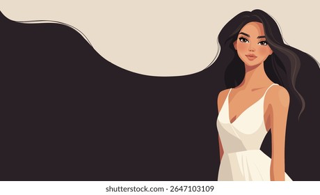 Linda jovem mulher com cabelo longo fundo moderno, cartaz para salão de beleza, cuidados com o cabelo, cosméticos e maquiagem. Modelo menina de vestido branco. Banner de vetor plano.