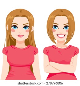 Beautiful young woman with long hairstyle and after short haircut makeover