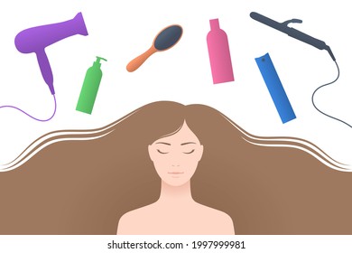Beautiful young woman with long loose hair and closed eyes, smiling slightly, and different hair styling accessories over white background. Concept of hair care, hair styles, hairdressing