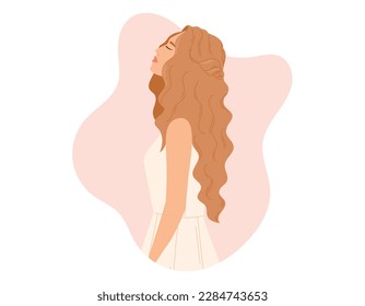 Beautiful young woman with long wavy hair in profile in a white wedding dress. Vector flat illustration of a girl.