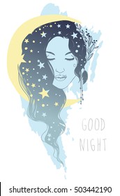 Beautiful young woman with long wavy hair. Goddess of night. Vector hand drawn illustration