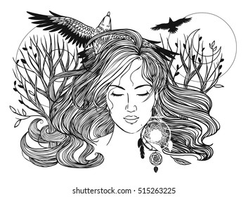 Beautiful young woman with long wavy hair. Sleeping witch. Vector hand drawn illustration in boho style