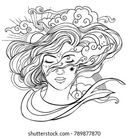 Beautiful young woman with long wavy hair. Sleeping witch. Vector hand drawn illustration in boho style