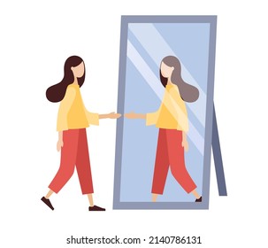 Beautiful young woman looking at mirror. Self-acceptance, self esteem and confidence concept. Self love. Love yourself. Vector flat illustration