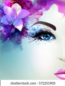 Beautiful young woman looks straight. Light blooming orchid decorated abstract pink blue hair.