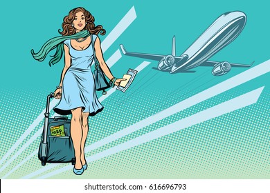 Beautiful young woman with Luggage at the airport. Pop art retro vector illustration