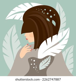 Beautiful young woman with makeup and dark brown hair with a fringe and leaves in her hair. Grey dress. Well-groomed hand with manicure. Tropic leaves around. Vector illustration. Beauty and fashion.