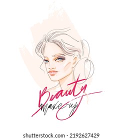 Beautiful young woman makeup face portrait. Glamour girl model watercolor fashion illustration. Stylish art sketch. Beauty and style vector drawing.