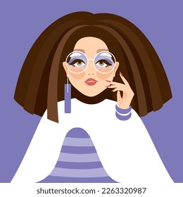 Beautiful young woman with makeup, glasses, and with dark brown hair. Long earring in the ear. Well-groomed hand with manicure. White dress. Vector illustration in purple tones. Beauty and fashion.