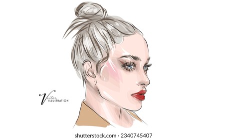 Beautiful young woman with makeup, hand drawn in vector format.