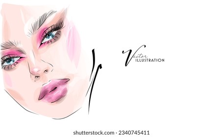Beautiful young woman with makeup, hand drawn in vector format.