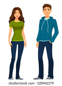 Beautiful Young Woman And Man In Casual Street Fashion. Young Couple. Cartoon Illustration. Isolated On White.