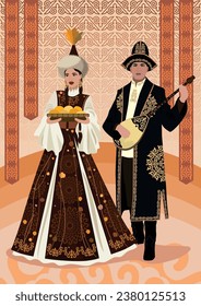 Beautiful young woman and man in Kazakh national costume with dombra and plate on the background of ornaments and traditional Kazakh symbols