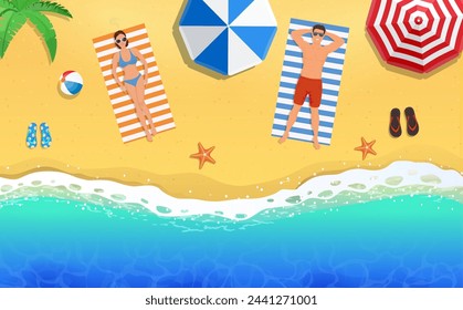 Beautiful young woman and man sunbathing on the beach. Top view of the lying people. banner, summer vacation on the sea beach. Vector illustration in flat style