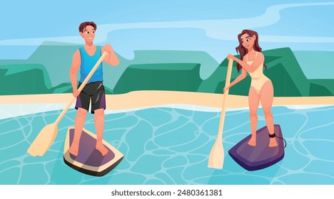 Beautiful young woman and man in a swimsuit riding a stand-up paddle board. Summer water sports activities. Vector cartoon illustration.