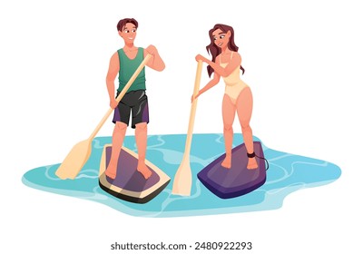 Beautiful young woman and man in a swimsuit riding a stand-up paddle board. Summer water sports activities. Vector isolated cartoon illustration.