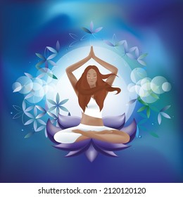 A beautiful young woman meditates while sitting in a lotus position with her hands up. Around the energy field. Glowing aura. sacred lotus. Blurred colorful background.