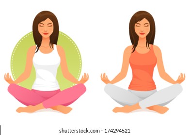 beautiful young woman meditating or relaxing with closed eyes. Healthy lifestyle concept. Cartoon character, isolated on white. Vector eps file.