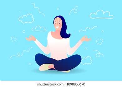 beautiful young woman meditating or relaxing. Female yoga. Vector illustration of beautiful cartoon woman in various poses of yoga