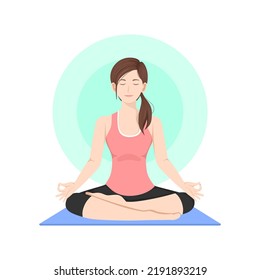 beautiful young woman meditating or relaxing with closed eyes. Healthy lifestyle concept. Cartoon character, isolated on white.