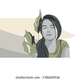 Beautiful young woman meditating, tropical leaves/relaxation/ flat art vector illustration