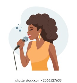 Beautiful young woman with microphone singing. Flat illustration, clip art