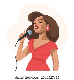 Beautiful young woman with microphone singing. Flat illustration, clip art