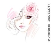 Beautiful young woman model face makeup with pink rose flower in the hair on her head drawing sketch. Fashion girl watercolor illustration for beauty salon design.