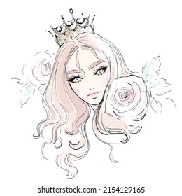 Beautiful young woman model face portrait. Glamour girl makeup fashion illustration. Stylish art sketch. Beauty and style vector drawing.