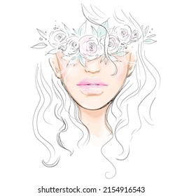 Beautiful young woman model face with rose flowers abstract portrait. Glamour girl makeup fashion illustration. Stylish art sketch. Beauty and style vector drawing.