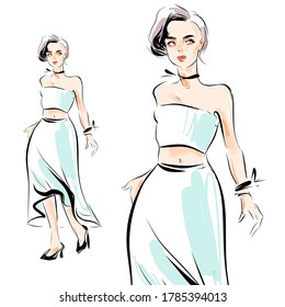 Beautiful young woman model fashion look drawing sketch. 
