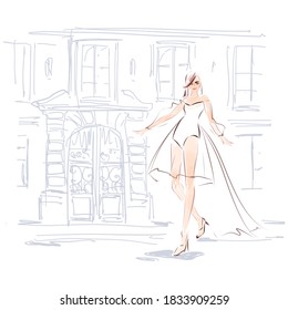 Beautiful young woman model walking across the street in fashion dress. Runway modern sketch illustration.