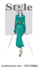 Beautiful young woman in modern style. Hand drawn stylish woman portrait. Fashion lady. Festive outfit. Sketch. Fashion model posing in dress. Hand drawn fashion woman.