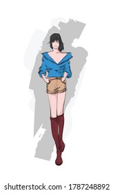 Beautiful young woman in modern style. Hand drawn stylish woman portrait. Fashion lady. Festive outfit. Sketch. Fashion model posing in dress. Hand drawn fashion woman.