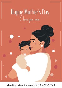 Beautiful young woman, mother holds baby in her arms. Mother's day card. Mom and daughter. Mother's love. Vector illustration for advertising, poster, banner, print, website