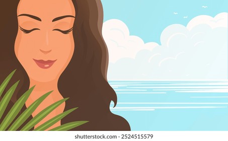 Linda jovem mulher na praia. Cara de menina de perto. Horizonte do mar com nuvens e gaivotas. resort tropical. Beleza, férias, viagens e lazer. Ilustração vetorial