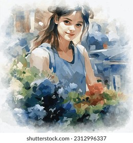 a beautiful young woman on blue shirt sets with flowers, Watercolor Style Portrait