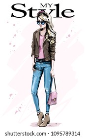 Beautiful young woman outfit. Fashion woman with bag. Stylish blond hair girl with sunglasses. Sketch.