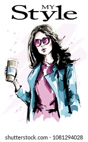 Beautiful young woman with paper coffee cup. Fashion woman in jacket. Stylish lady in sunglasses. Cute girl. Sketch. Vector illustration.