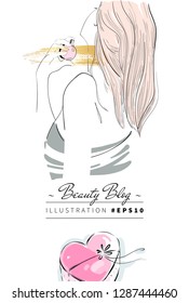 Beautiful young woman with perfume bottle in hand vector fashion illustration. Art drawing sketch for beauty blog, instagram story, fragrance sale banner design background.