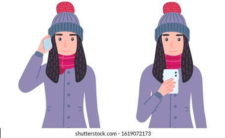 Beautiful young woman with phone. Cute girl wearing winter clothes taking selfie. Female character holding smartphone. Isolated concept vector illustration in cartoon flat style 