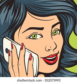 Beautiful young woman with phone pop art vector illustration. Comic book imitation. Colorful hand drawn illustration