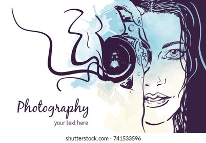 Beautiful young woman photographer holding a camera vector illustration. Background for a website or portfolio presentation.