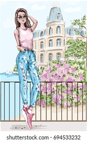 Beautiful young woman with picturesque landscape background. Hand drawn fashion woman with castle and flowers on background. Sketch. Vector illustration.