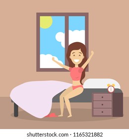 Beautiful young woman in pink underwear strecthing up in the bed after a sleep. Pretty girl relaxing on the bed in her bedroom. Isolated vector illustration in cartoon style