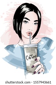 Beautiful young woman with plastic coffee cup in her hand. Stylish girl.  Sketch.Hand drawn vector illustration.