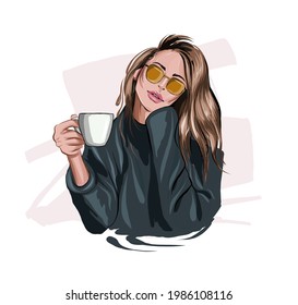 Beautiful young woman with plastic coffee cup in her hand. Stylish girl, colored drawing, realistic. Vector illustration of paints