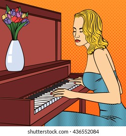 Beautiful Young Woman Playing on Piano. Pop Art. Vector illustration