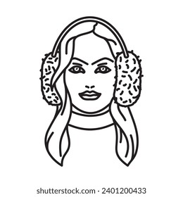 Beautiful young woman portrait with earmuffs vector line icon for Earmuff Day on March 13